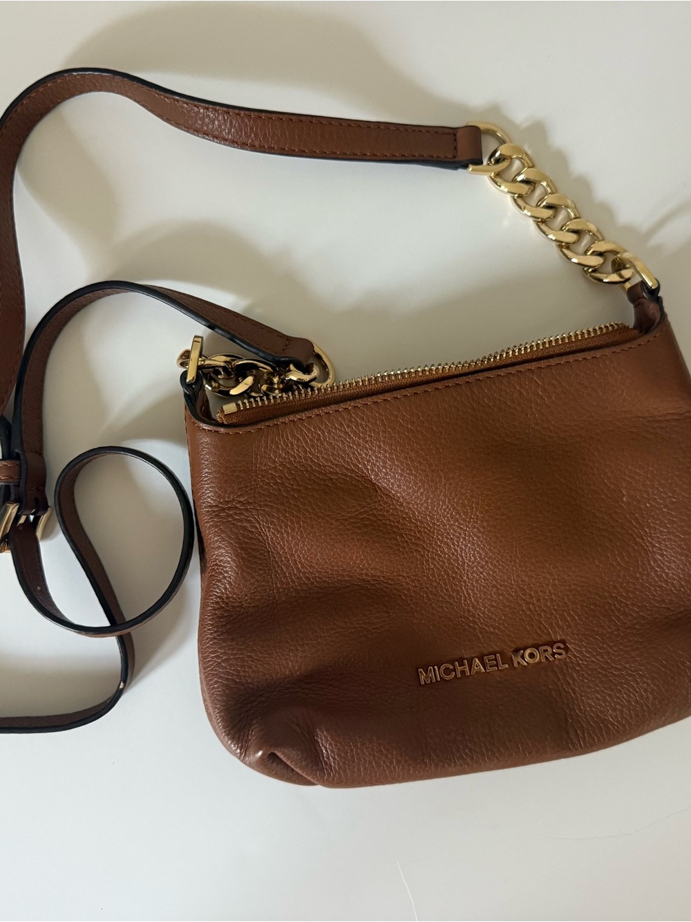 Michael Kors Chestnut Brown Pebbled Leather Crossbody with Gold Chain